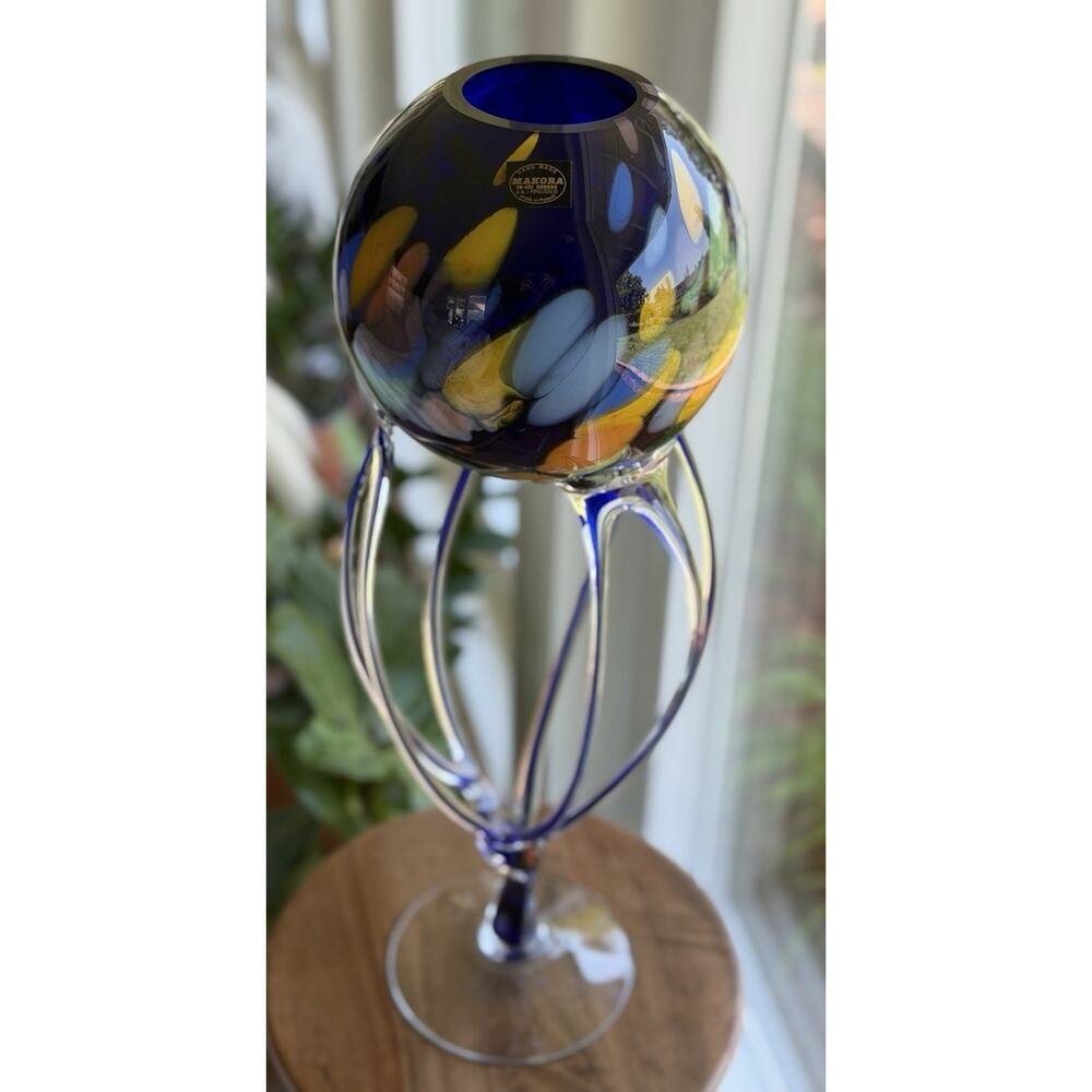 Makora Poland Art Glass Jellyfish Pedestal Compote Vase Cobalt Blue 23”